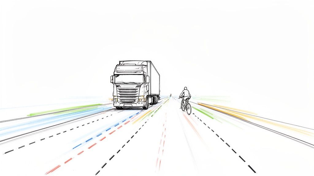 Sketch of a semi-truck and a cyclist on a road with colourful lines, representing hazard perception.
