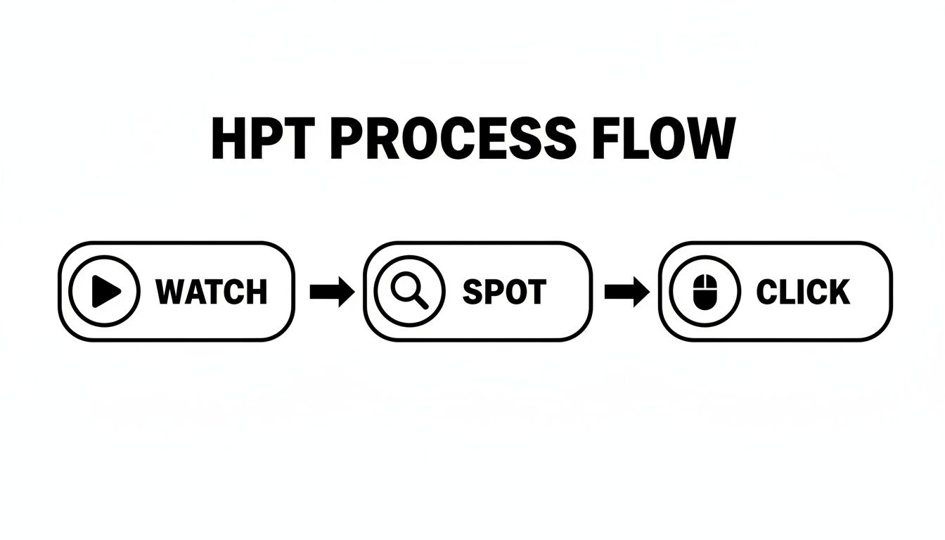A process flow diagram illustrating the HPT steps: watch with a play icon, spot with a magnifying glass, and click with a mouse icon.
