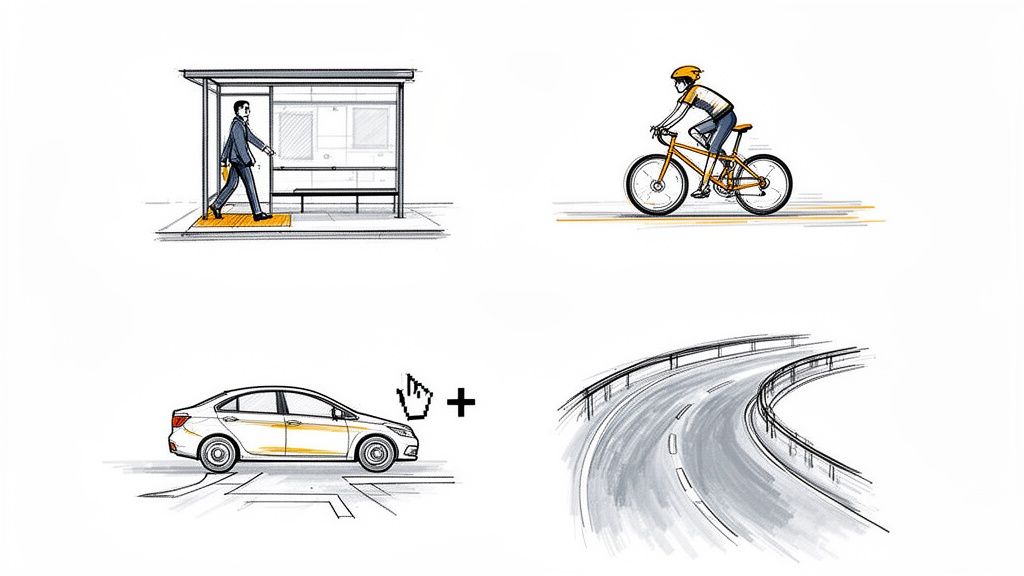 Four distinct sketches illustrating different road scenarios: a bus stop, a cyclist, a car, and a winding road.