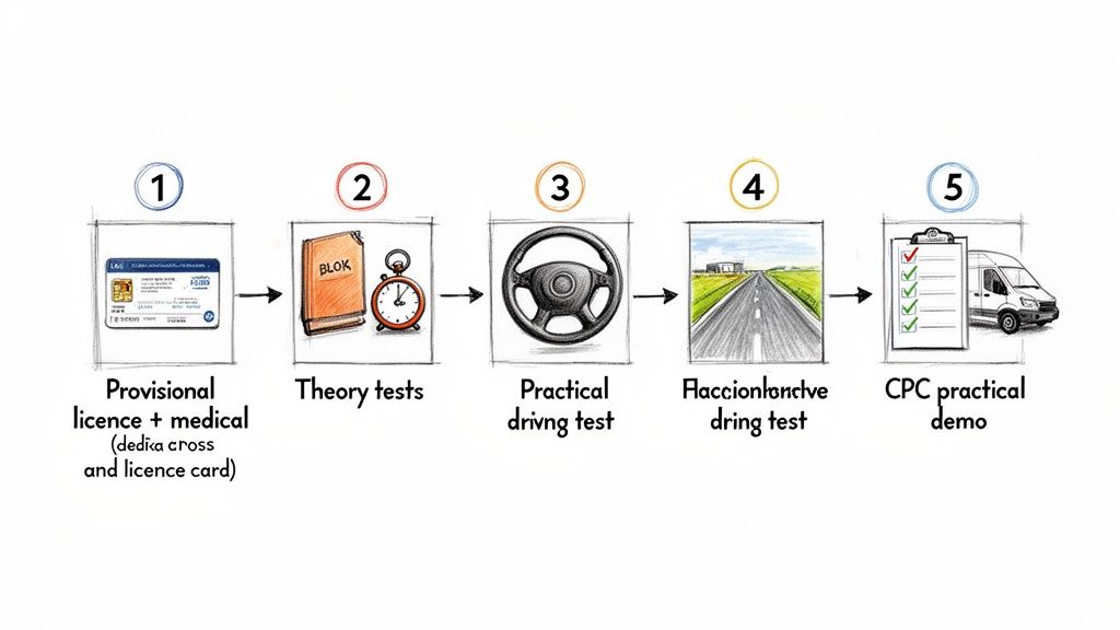 A five-step infographic detailing the process to acquire an LGV driving licence, including provisional, theory, and practical tests.