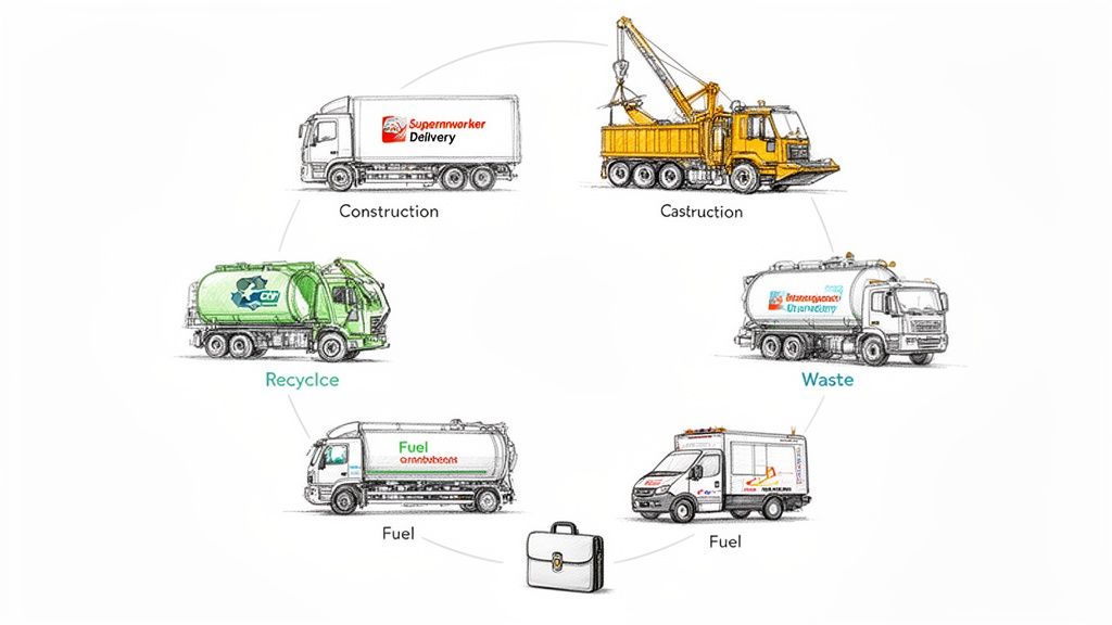 Circular diagram showing commercial trucks for construction, delivery, waste, recycling, and fuel transport.