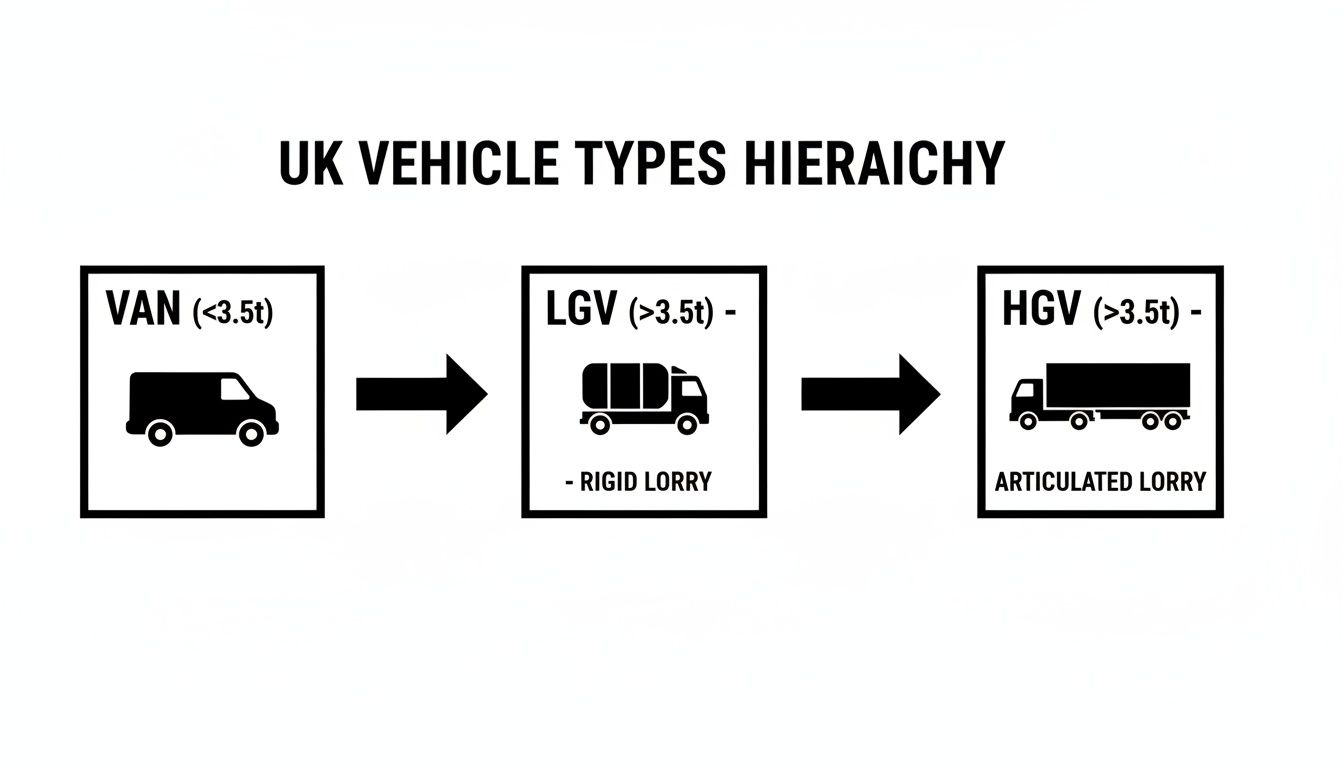 Hierarchy diagram illustrating UK vehicle types: Van, LGV (Rigid Lorry), and HGV (Articulated Lorry) with weight classifications.
