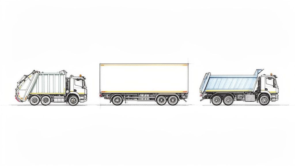 Three illustrated commercial vehicles: a garbage truck, a semi-trailer, and a dump truck.