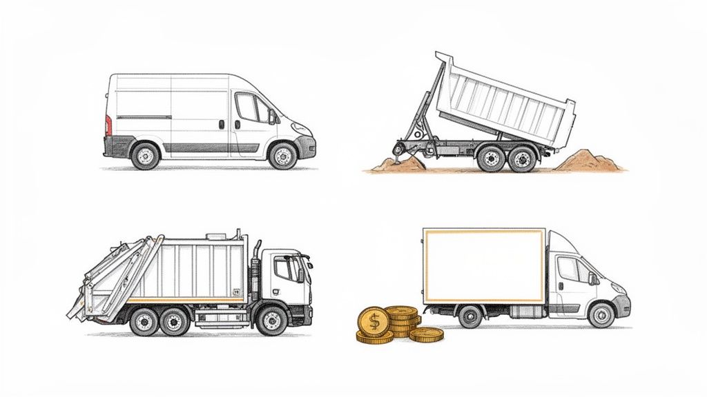 Four sketches of commercial vehicles: a white cargo van, dump truck, garbage truck, and box truck.