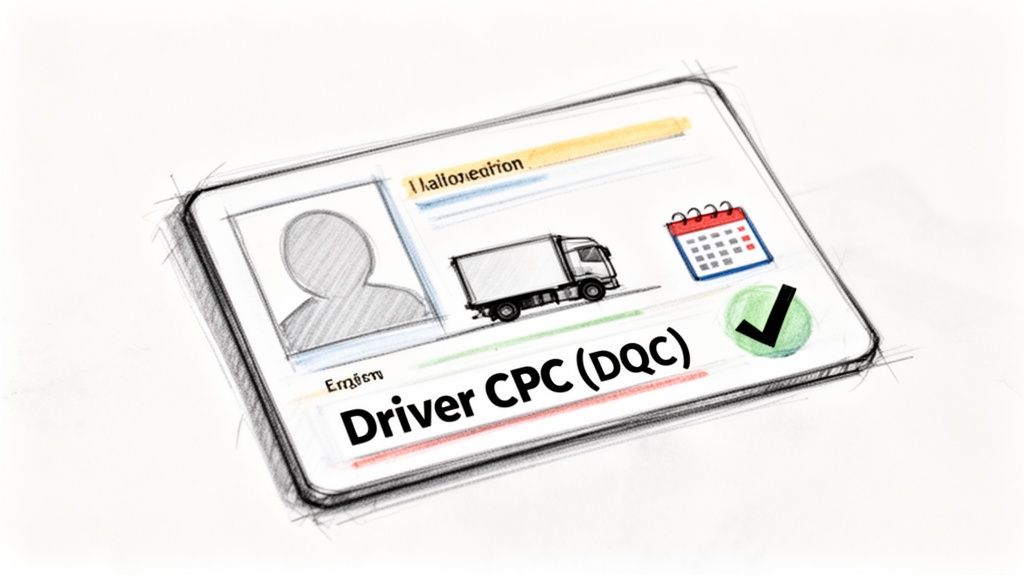 A sketch of a Driver CPC card with a person, truck, calendar, and checkmark, on a white background.