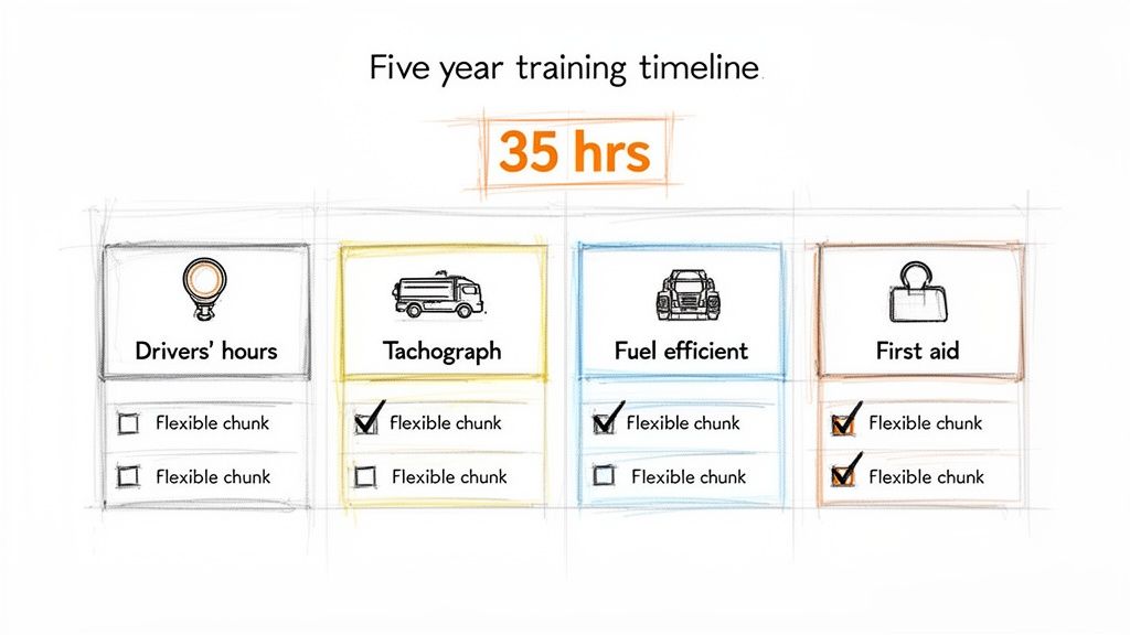 Driver training timeline for five years, showing 35 hours across modules like tachograph and first aid.