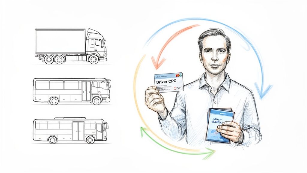 Illustration of a man holding a Driver CPC card, with outlines of a truck and two buses.