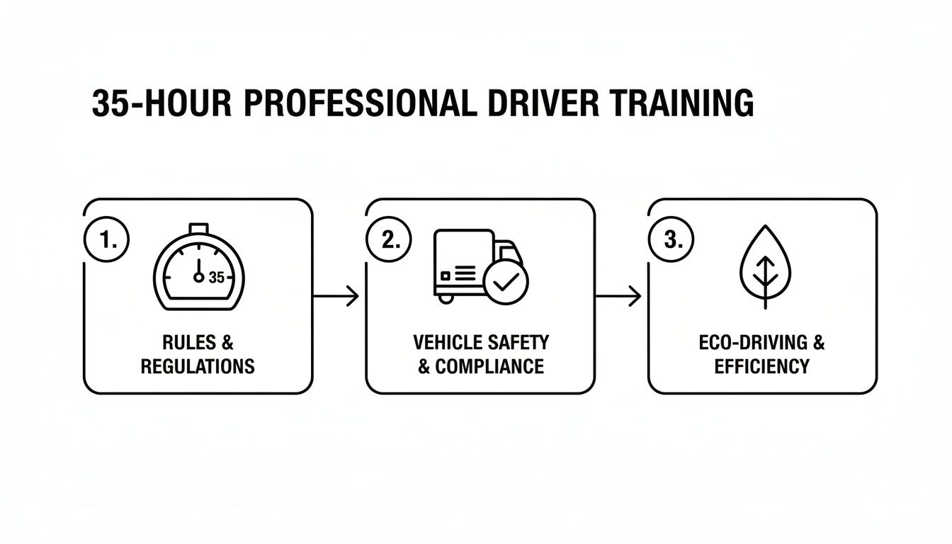 Three-step diagram showing 35-hour professional driver training modules: rules, safety, and eco-driving.