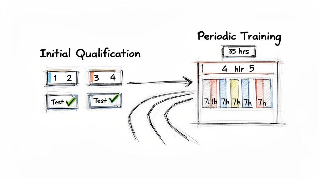 Diagram showing initial qualification tests with checkmarks, leading to periodic training sessions totaling 35 hours.