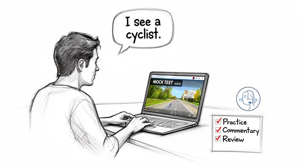 A person practices a hazard perception test on a laptop, verbally identifying a cyclist on screen.