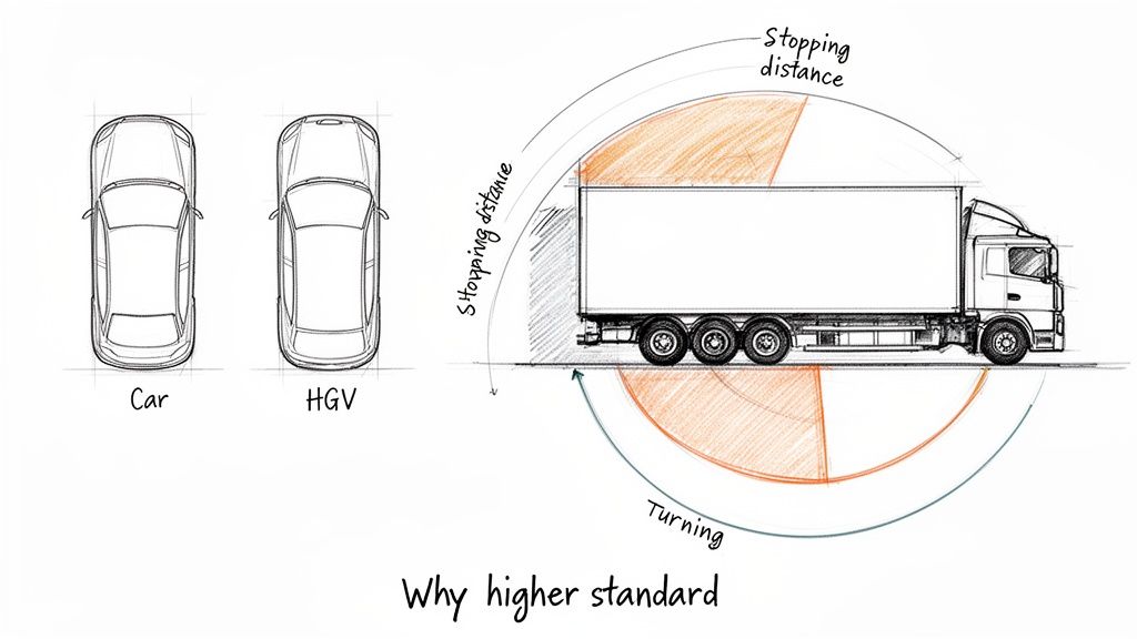 Sketches comparing a car and HGV size, illustrating HGV stopping distance and turning radius for safety.