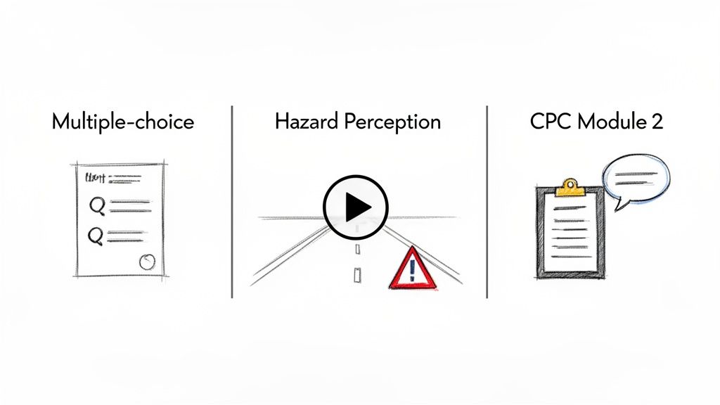 Sketches illustrating different driving theory test components: multiple-choice, hazard perception video, and CPC Module 2 case study.