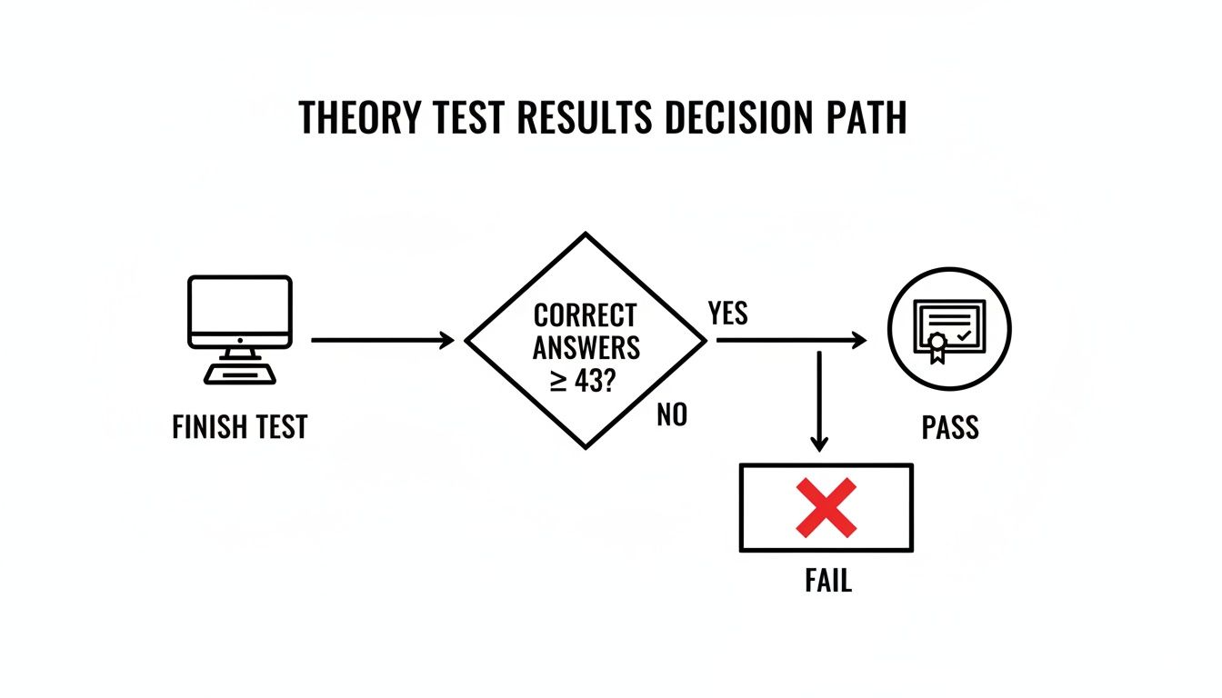Flowchart showing the theory test results decision path, from finishing the test to passing or failing based on correct answers.