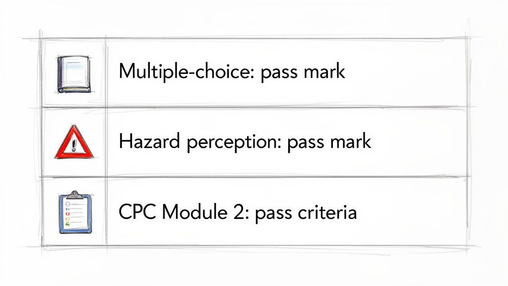 A diagram listing pass marks for multiple-choice, hazard perception, and CPC Module 2 tests with icons.