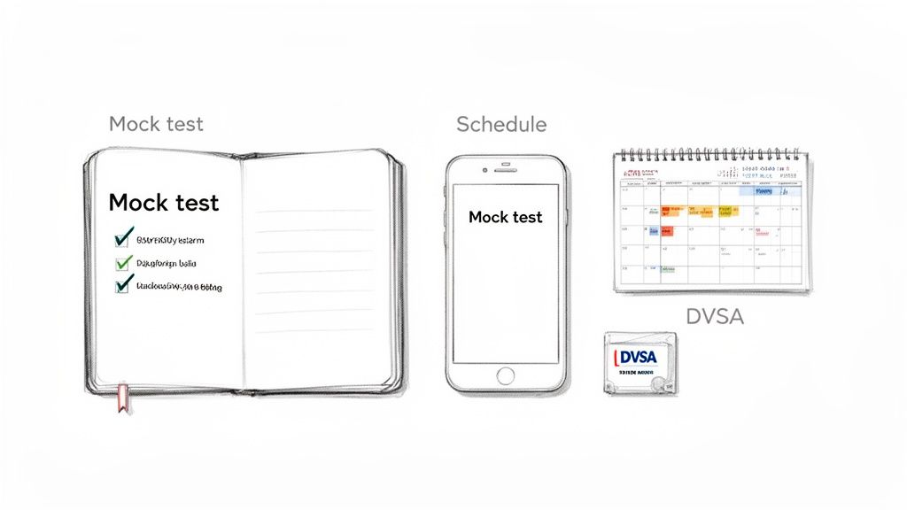 Visuals for driving theory test preparation: notebook with mock test checklist, smartphone app, schedule calendar, and DVSA logo.