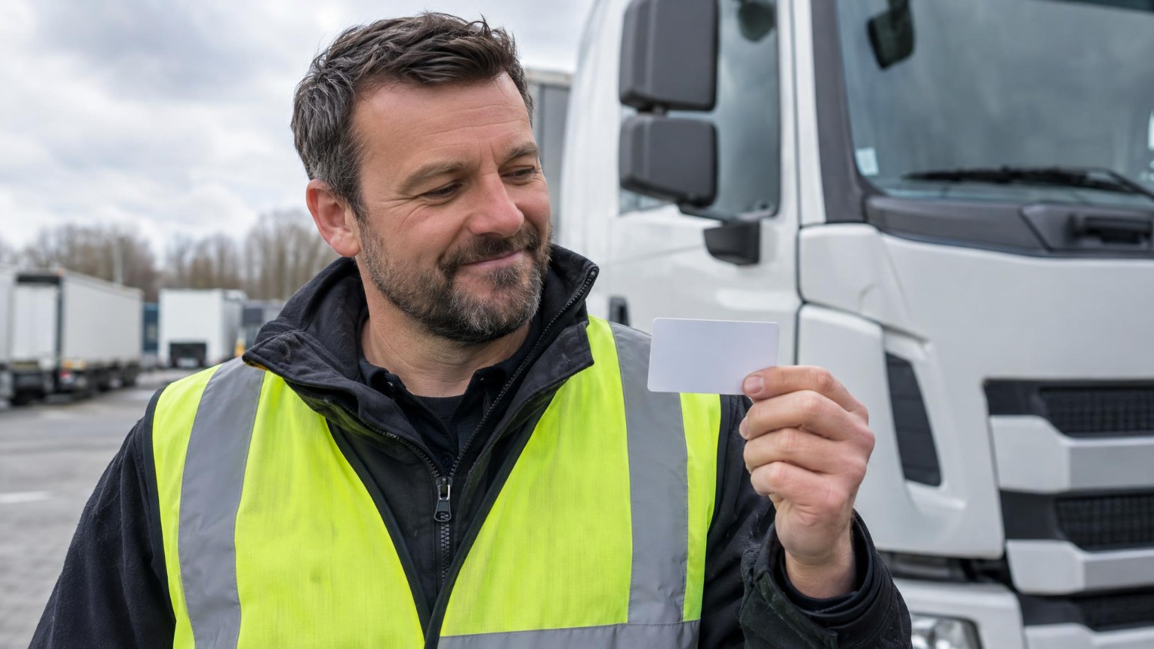 HGV driver holding his renewed Driver CPC card beside his lorry