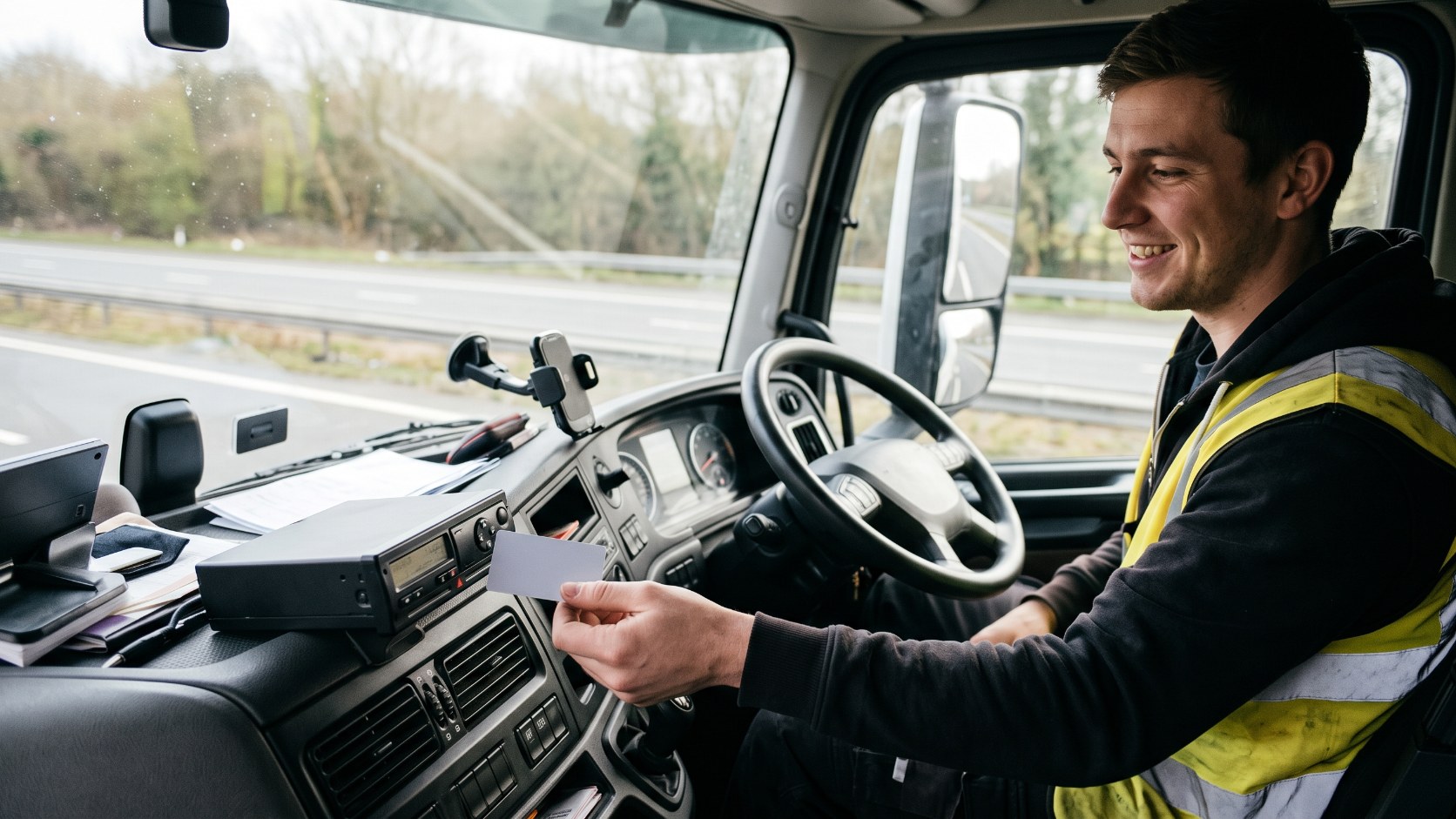 Newly qualified HGV driver holding a blank driver tachograph card next to the dashboard unit in a lorry cab