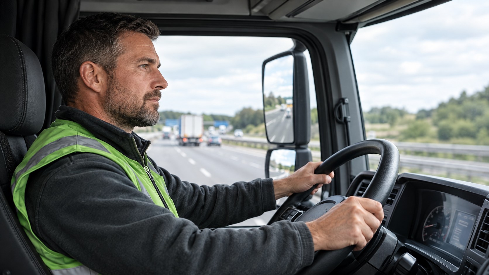 Former forces HGV driver sitting in the cab of a lorry driving on a UK motorway