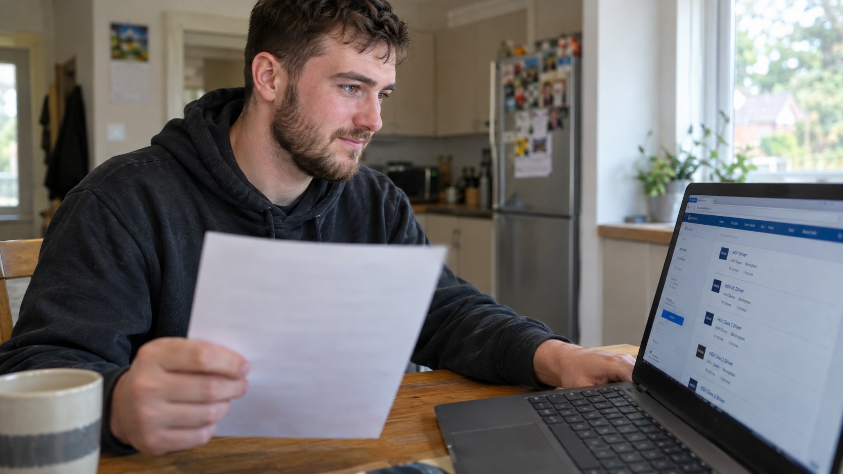 Newly qualified HGV driver reviewing job listings and his CV at a kitchen table