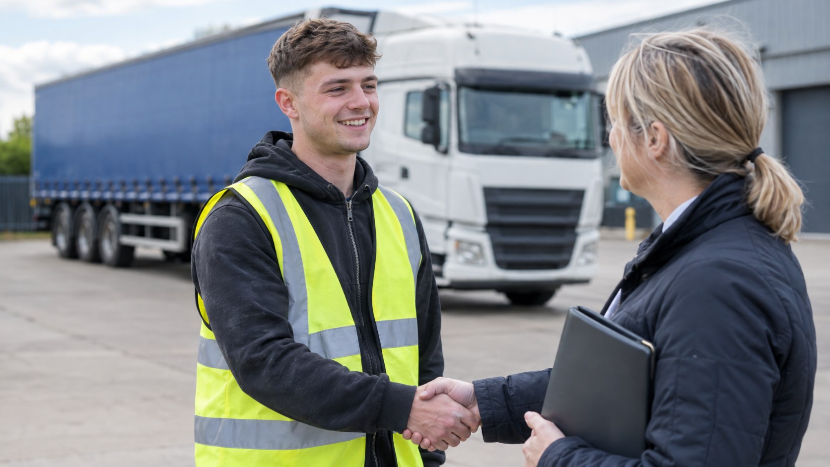 Newly qualified HGV driver in hi-vis shaking hands with a recruitment consultant at a depot after being placed