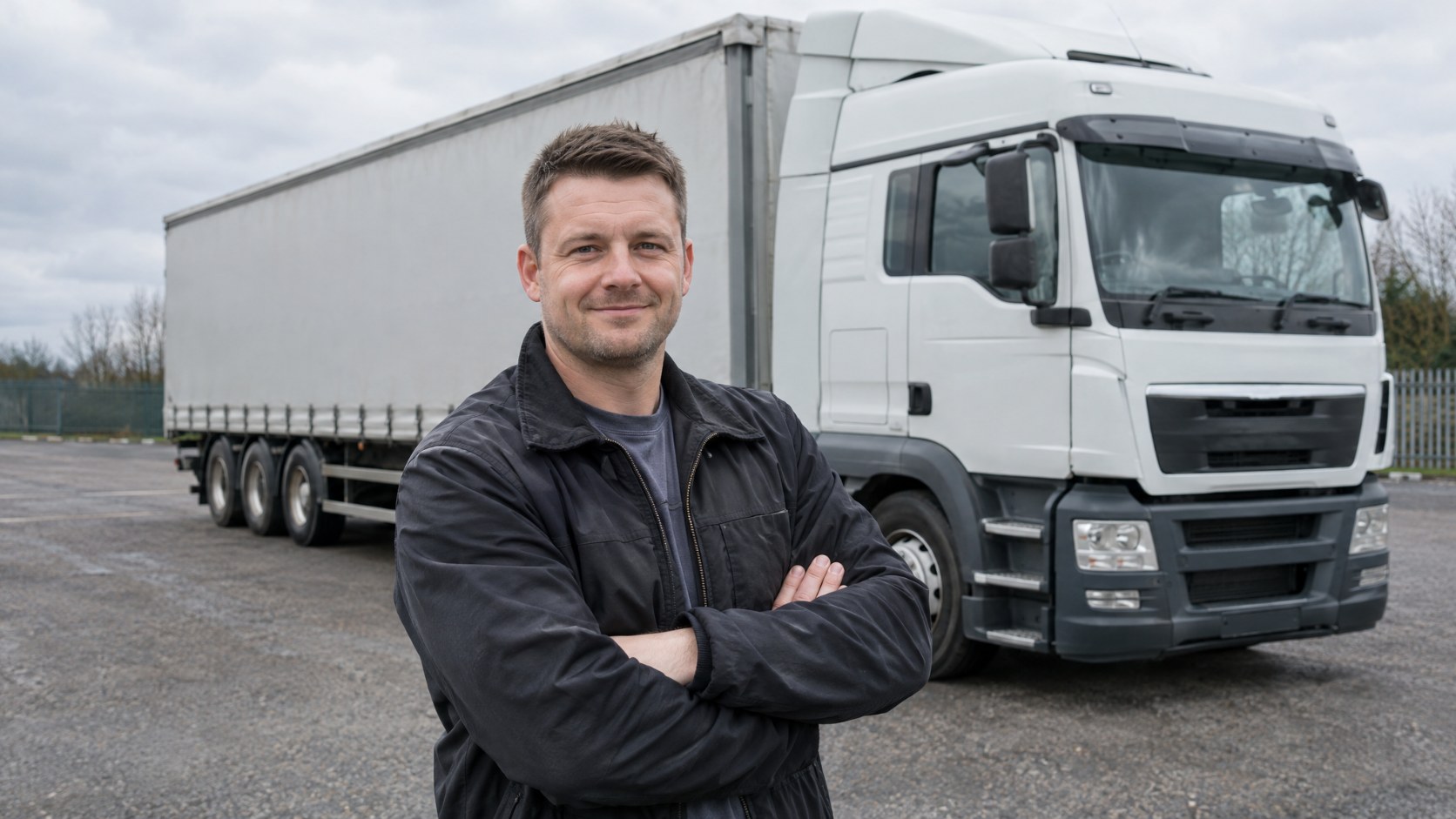 Former forces service leaver standing in front of an HGV lorry in a UK training yard