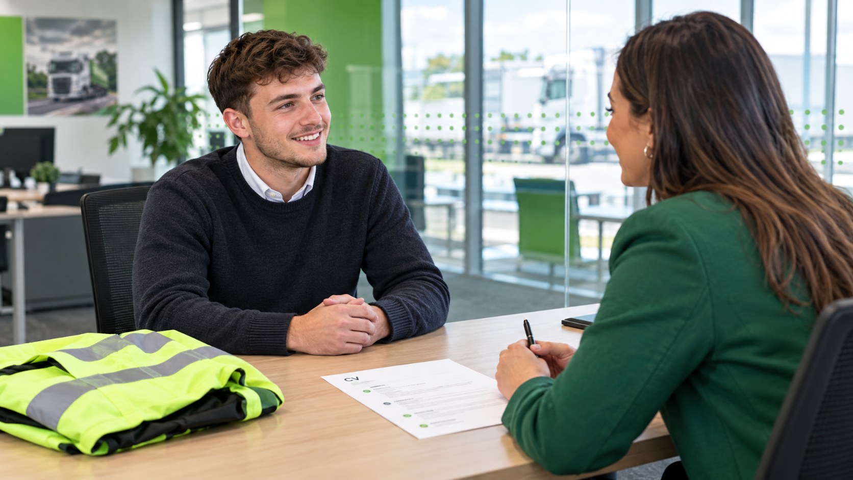 Newly qualified HGV driver in a job interview with a recruitment consultant