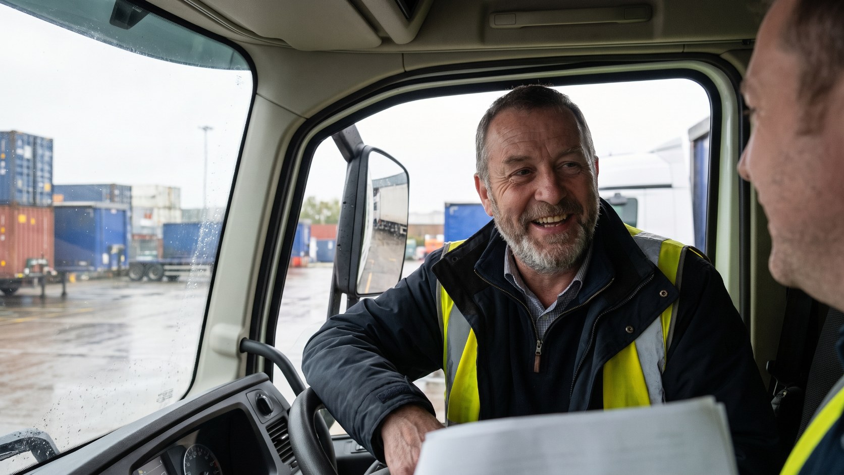 HGV driver in his fifties sitting in a lorry cab, representing training for an HGV licence later in life