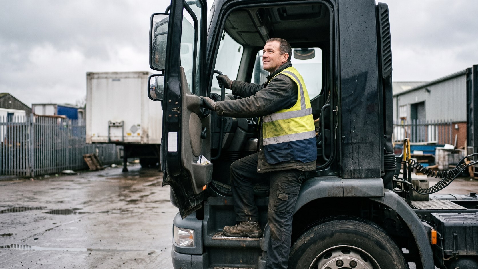 Experienced HGV driver climbing into the cab of a lorry, returning to driving after a break