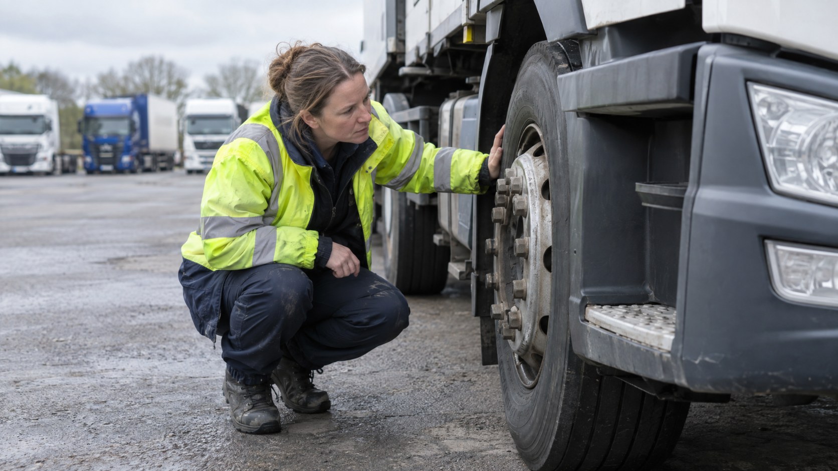 A woman HGV driver crouching to carry out a walkaround tyre check on her lorry at a UK depot